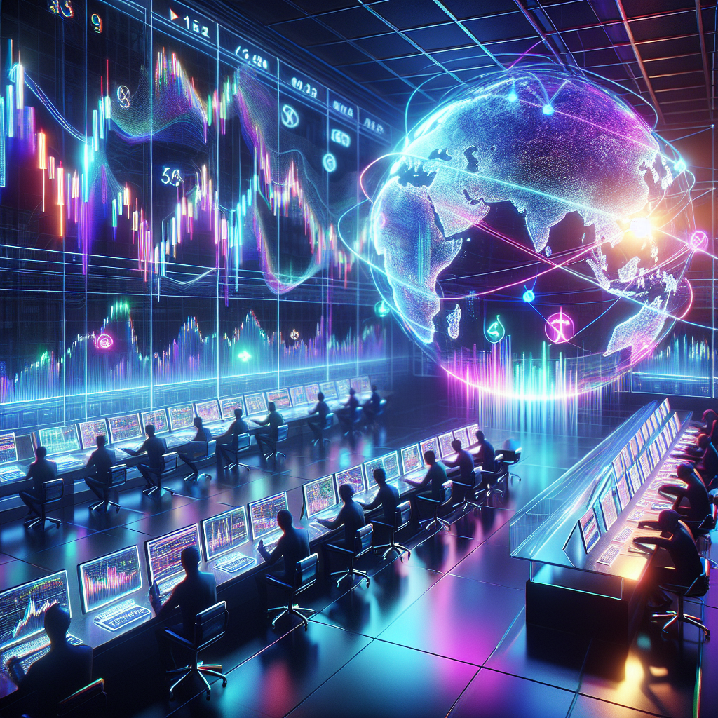 Futuristic micro futures brokers on a trading floor