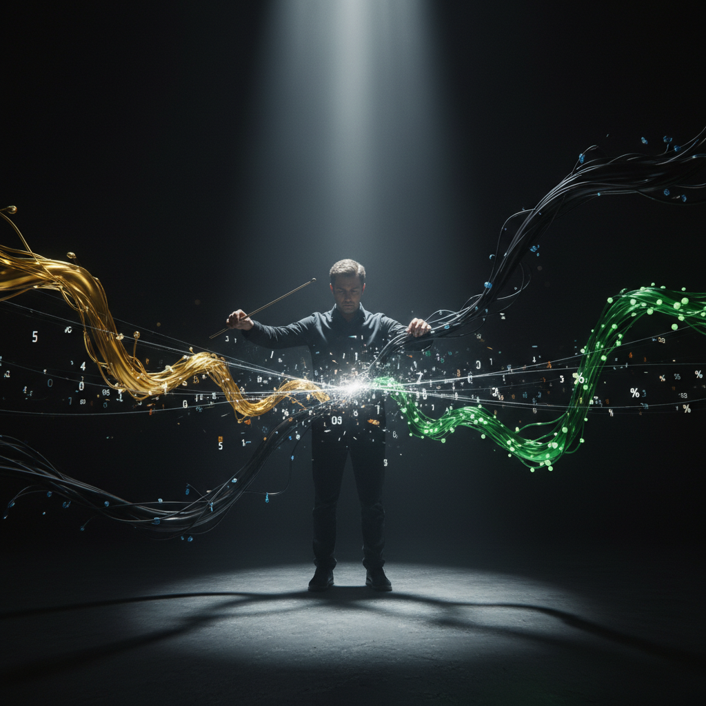 Graphic of a man doing magic with green and gold with a black background representing how much money should be invested