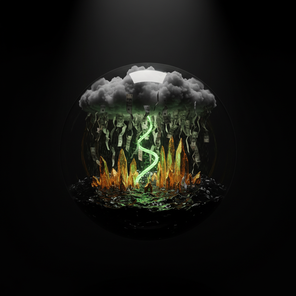 Graphic of money falling from the sky and a globe with water and crystals related to firm on price means