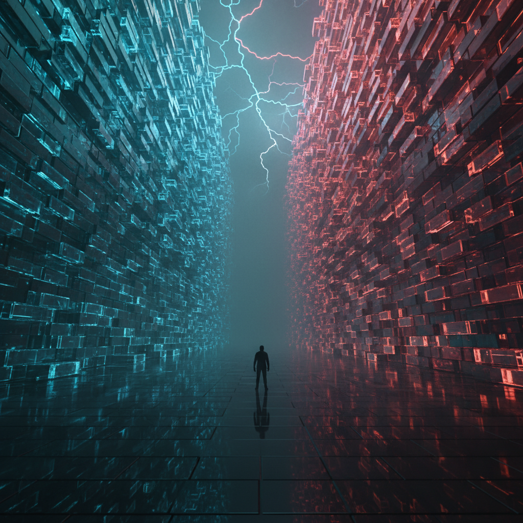 Graphic of a man walking on a glass bridge surrounded by red candles and blue candles on either side related to how much are funded trading accounts
