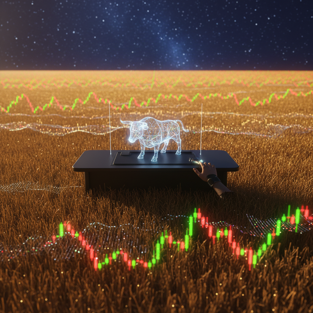 “A graphic of a digital bull standing on a table in a wheat field, surrounded by charts, illustrating how a funded trading account works.”