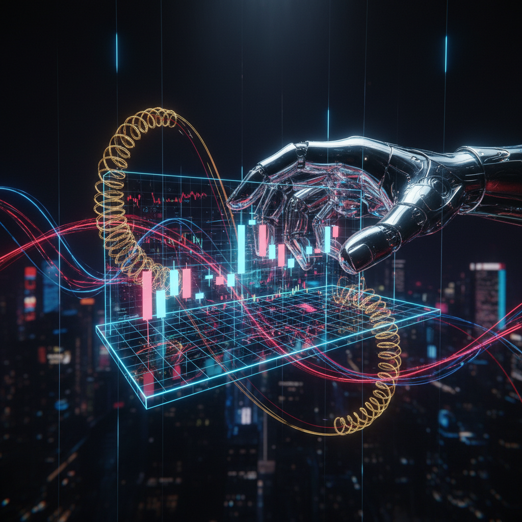 Graphic of a metallic hand intertwined with charts against a city backdrop, representing automated futures trading systems.
