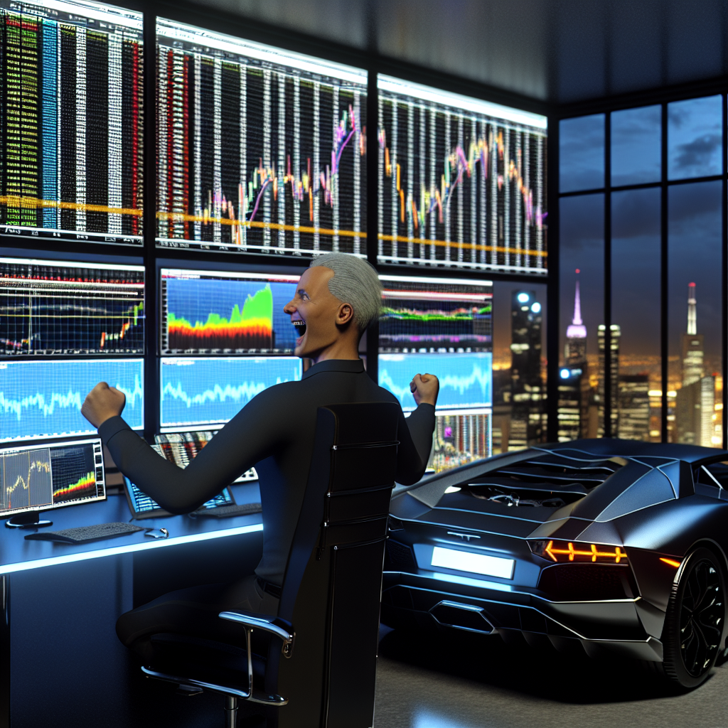 Graphic of a man trading beside a cool car cheering and happy related to is day trading like gambling