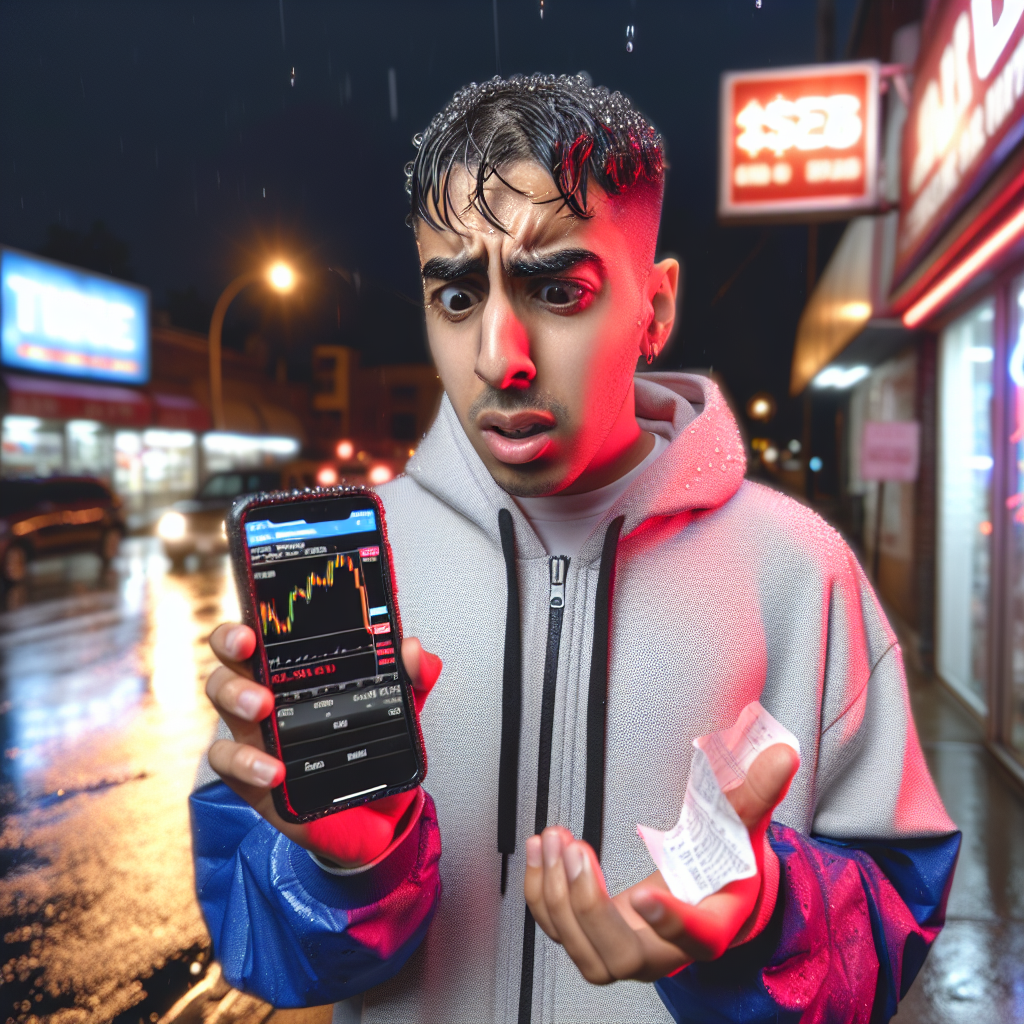 Graphic of a man holding a phone showing negative charts while holding a piece of paper in his hands, illustrating the concept of a trailing drawdown and end-of-day trailing drawdown.