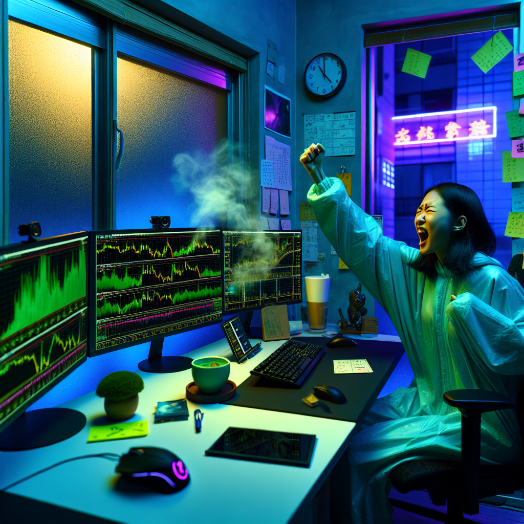 Graphic of a women trading at her desk in front of three computer screens related to firm price contract meaning