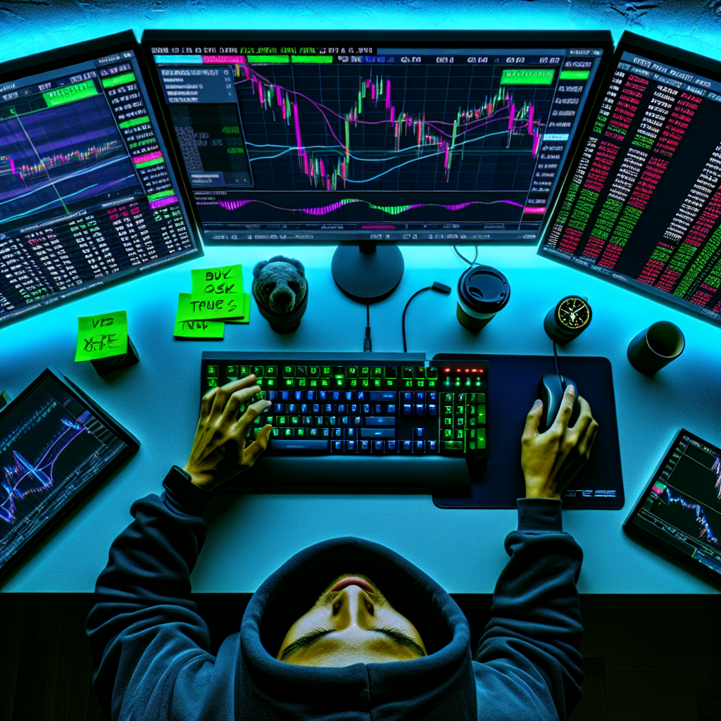 Graphic of a man looking at his computer as well as charts and two other screen with sticky notes related to  my funded futures drawdown