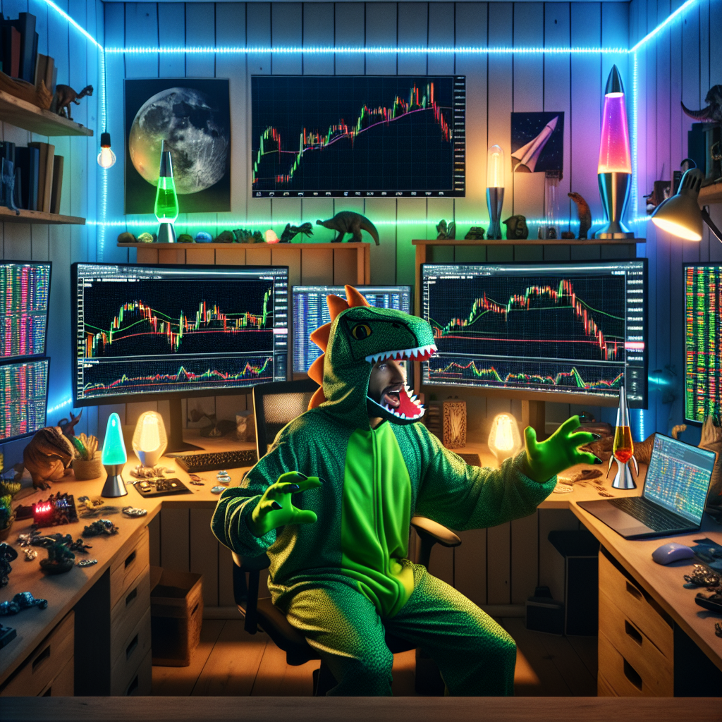 A graphic of a streamer using a fake trading simulator while dressed as a dragon