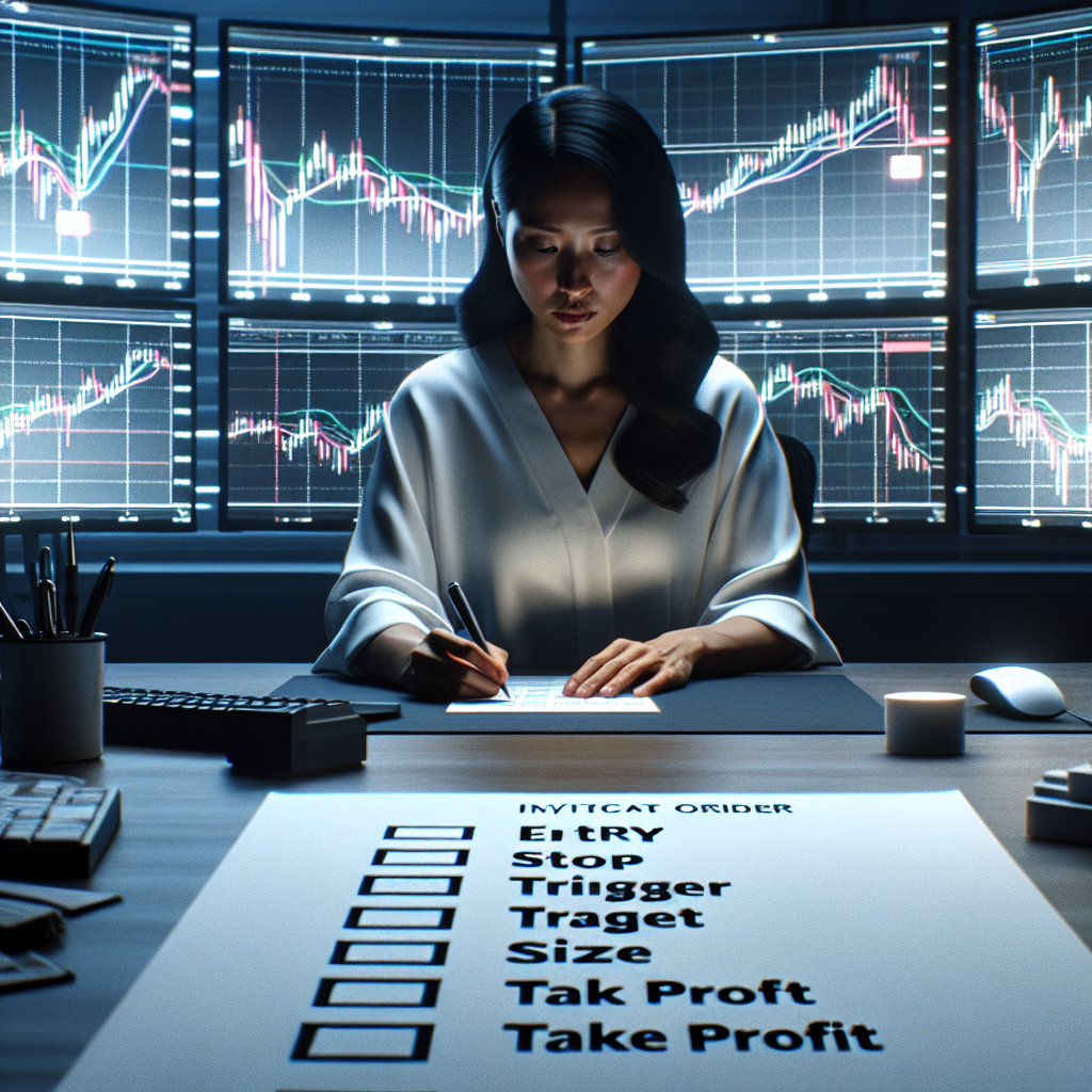 Graphic of a women researching  and working hard on her pre trade checklist in a trading room with multiple screens at a desk with pens related to is day trading gambling