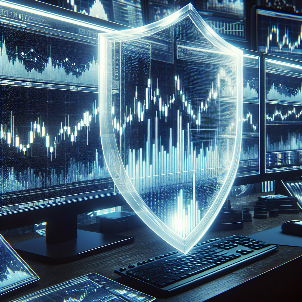 Graphic of three screens with a keyboard and mouse, displaying charts alongside a shield, representing futures trading strategies with low drawdown limits.